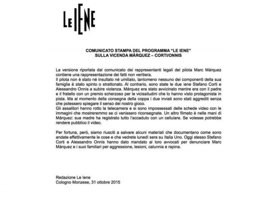 Moto - News: La risposta de Le Iene: aggressione e calunnia  