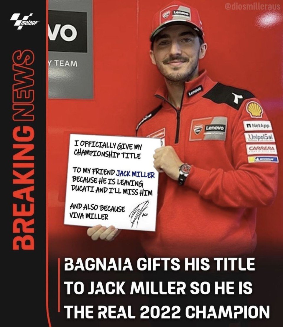 MotoGP: Bagnaia regala il suo mondiale a Jack Miller, Viva Miller è il campione!